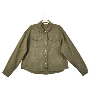 Solitaire Womens Eyelet Shacket Size Large Army Green Button Up Boxy Oversized